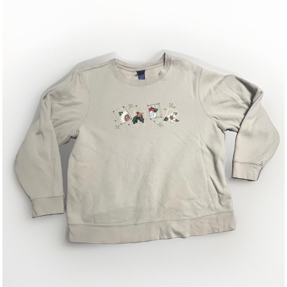 VTG Basic Editions Tan Embroidered Sweatshirt Womens 1X Floral Apple Grandmacore